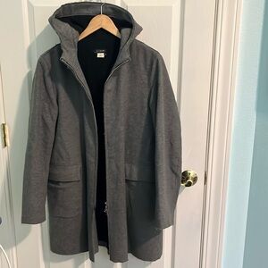 J. Crew wool coat with hood. Sz M, Grey w/Soft black fleece lining. Retro & warm